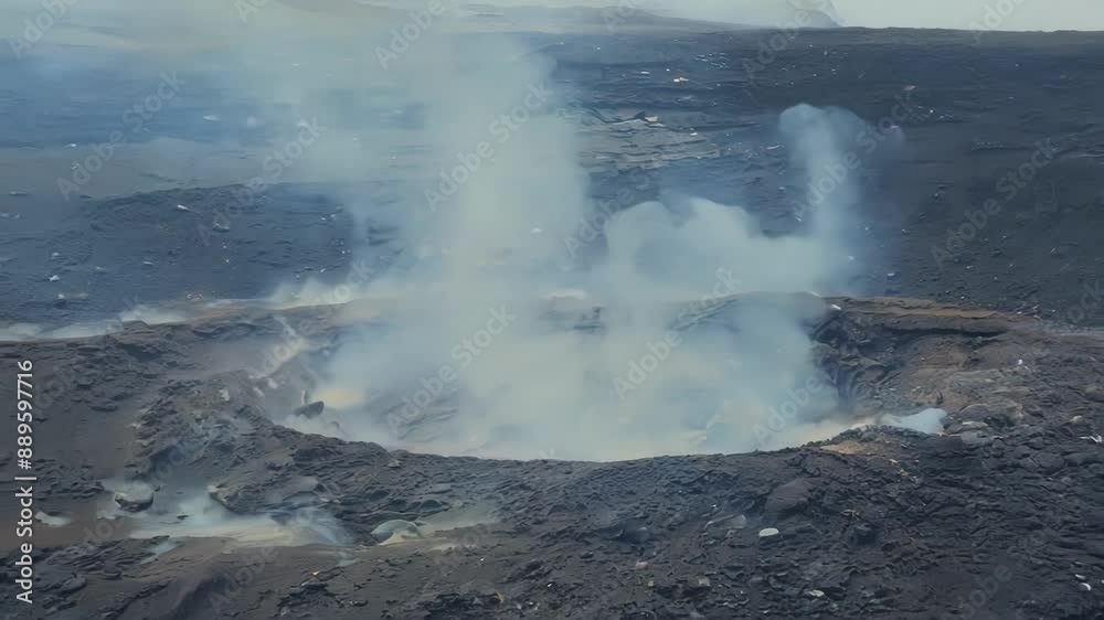 The camera zooms in on a fumarole a vent emitting steam and gases from deep within the crater. The camera zooms in on a fumarole a vent emitting steam and gases from deep within the crater.