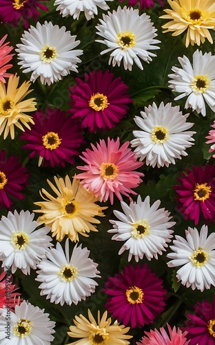 Colorful artificial flowers as background top view flower pattern