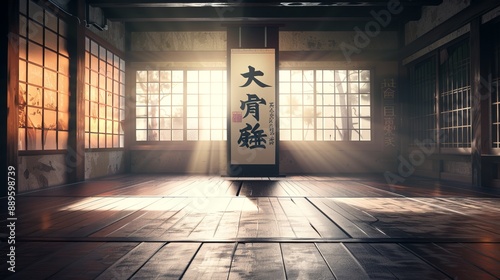 A traditional Japanese dojo with large windows and sunlight streaming in, creating a serene atmosphere. The wooden floor and furnishings highlight the heritage and culture. photo