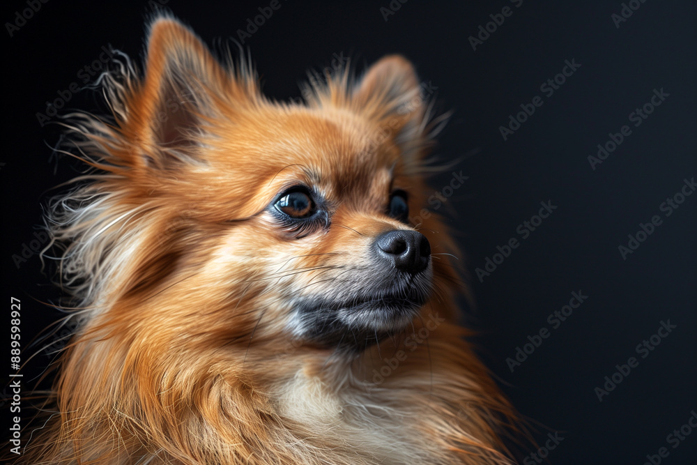 Pomeranian dog portrait with dark background. Generative AI. Pomeranian dog portrait with dark background. Generative AI.