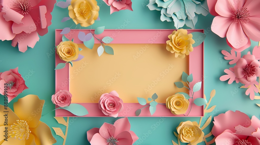 A delightful and colorful display of an empty pink and yellow floral frame filled with pastel-colored paper flowers, making it perfect for cheerful and festive occasions. A delightful and colorful display of an empty pink and yellow floral frame filled with pastel-colored paper flowers, making it perfect for cheerful and festive occasions.