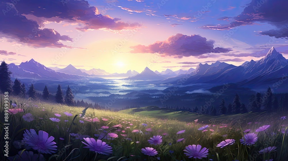 Majestic Mountain Sunrise with Wildflowers. Majestic Mountain Sunrise with Wildflowers.