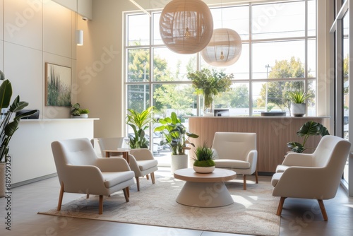 Modern health clinic waiting area with comfortable seating and natural light