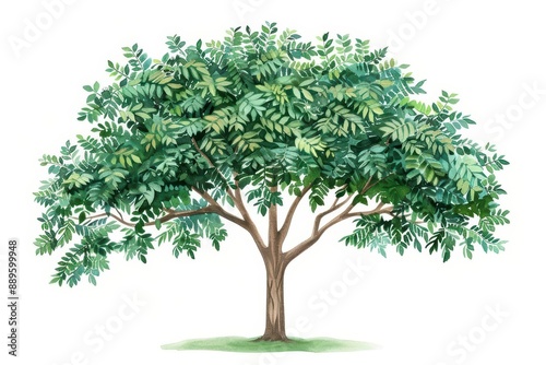 A neem tree depicted with intricate watercolor leaves isolate on white background