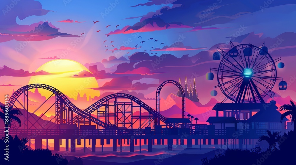 Obraz premium Amazing view of an amusement park pier at sunset with vibrant sky colors, roller coasters, and a ferris wheel, capturing a lively and cheerful atmosphere.
