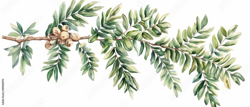 Fototapeta premium A tamarind tree illustrated with delicate watercolor pods isolate on white background