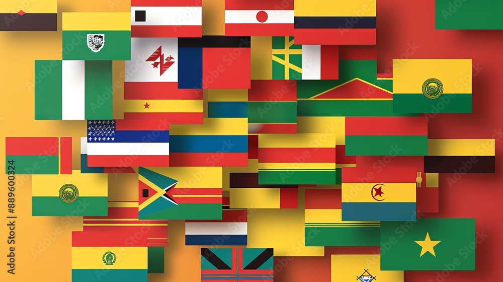 Obraz premium An artistic arrangement displaying various national flags on a vibrant yellow and red backdrop, symbolizing unity and diversity across different cultures.