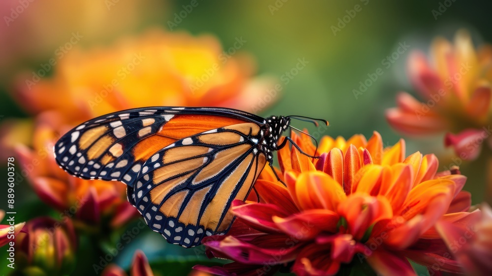 Obraz premium Vibrant monarch butterfly perched on colorful orange flowers in a garden, showcasing the beauty of nature and delicate wings.