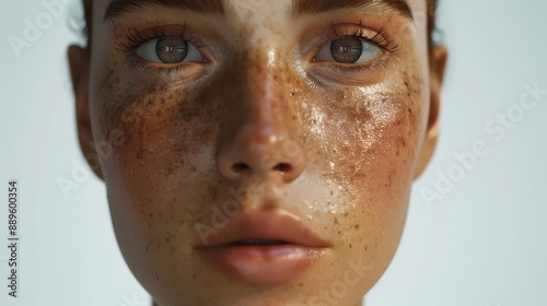Close-up of a woman's face with freckles and a soft, natural look. © stocker