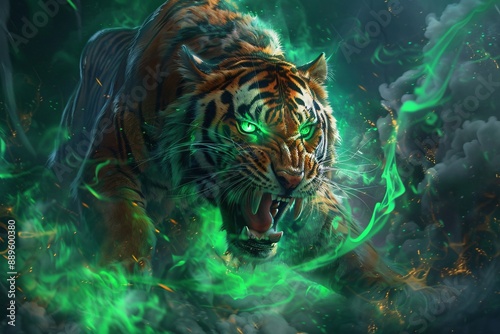 Enchanting Tiger Spirit - Majestic fantasy art of a roaring tiger infused with lush green druid magic and glowing eyes.