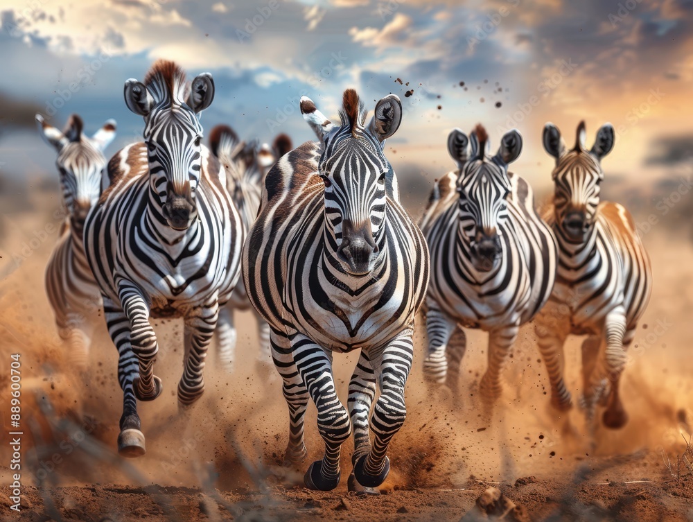 Fototapeta premium A group of zebras running through the savanna at sunset, creating a dramatic scene with dust rising up around them.