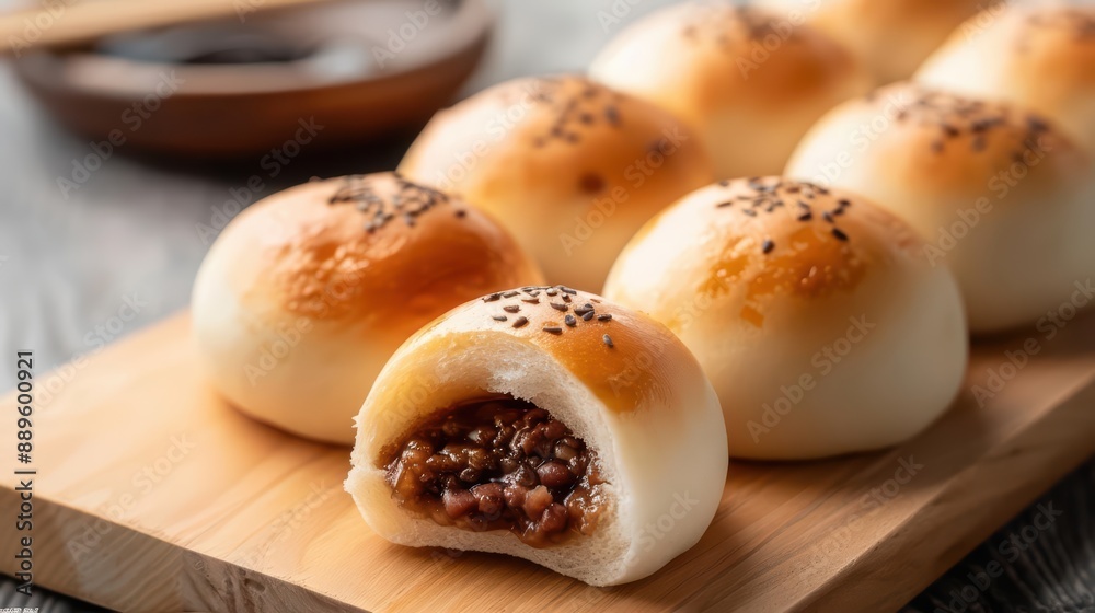 Anko filling erupts from a sweet bun, showcasing the smooth, red bean paste separating from the outer layer in an explosion of flavor Anko filling erupts from a sweet bun, showcasing the smooth, red bean paste separating from the outer layer in an explosion of flavor