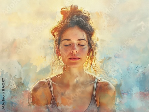 Serene portrait of a young woman with closed eyes, depicted in a dreamy, watercolor style. Perfect for themes of peace and introspection.