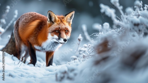 A vibrant red fox cautiously walks through a snowy winter landscape, with its fur contrasting beautifully against the white background.