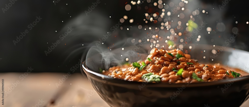 Dal Makhani erupts with lentils and creamy sauce, sending specks of spices and herbs flying in a dynamic highspeed capture Dal Makhani erupts with lentils and creamy sauce, sending specks of spices and herbs flying in a dynamic highspeed capture