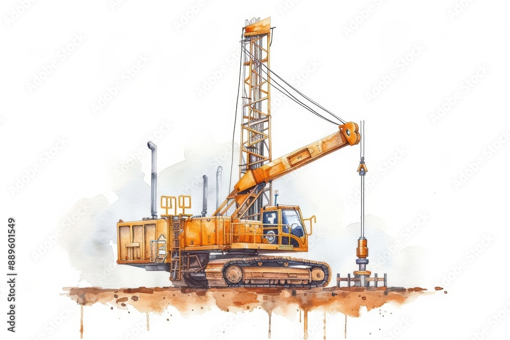Drilling depicted with precise watercolor drill rigs and boreholes isolate on white background Drilling depicted with precise watercolor drill rigs and boreholes isolate on white background
