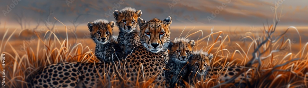 Obraz premium Four cheetahs rest together in tall grass as the sun sets, creating a stunning wildlife scene in the African savannah.