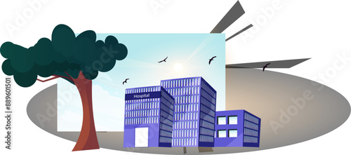 Modern hospital building vector under a bright sunny sky with flying birds, illustrating healthcare and urban architecture.

