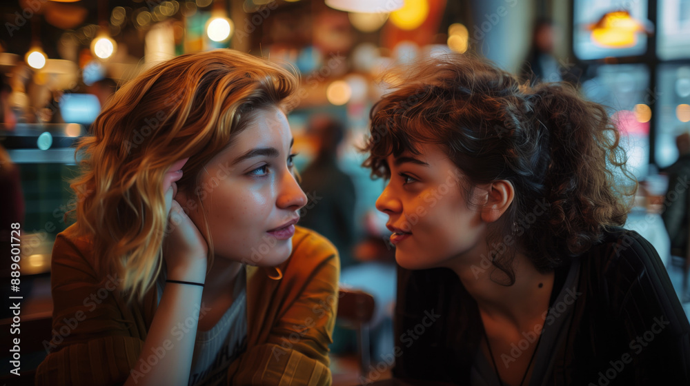 Two young women having a friendly gossip conversation at a cozy cafe with warm lighting. Friendship, communication, social interaction, relaxing atmosphere, youth culture, casual outing. Two young women having a friendly gossip conversation at a cozy cafe with warm lighting. Friendship, communication, social interaction, relaxing atmosphere, youth culture, casual outing.