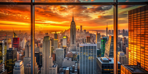 Vibrant orange hues illuminate the concrete jungle of Midtown Manhattan at sunset, viewed through a window, with iconic skyscrapers and bustling city streets below.