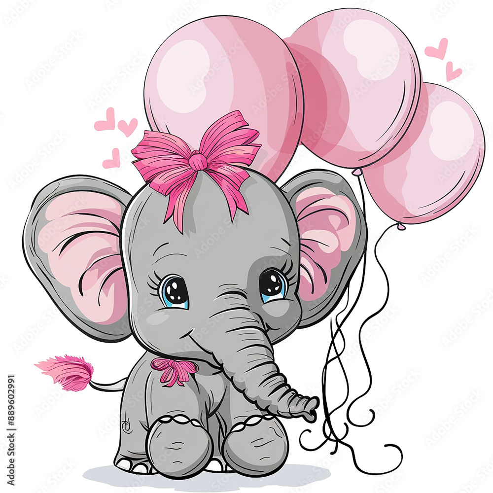 Fototapeta premium Cute Transparent PNG Baby Girl Elephant for baby announcements, greeting cards, nursery, baby albums, clip art