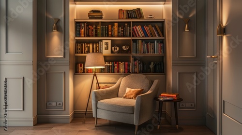 A cozy reading corner with a built-in bookshelf, a comfortable armchair, a floor lamp, and a small side table, nestled in a quiet nook.