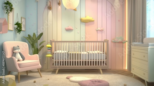 A designer nursery with pastel-colored walls, a modern crib, and whimsical decor, creating a cozy and playful environment.