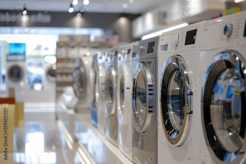 Row of modern washing machines on display in a brightly lit appliance store showroom. Home appliances, retail shopping, interior decor, household equipment, laundry solutions concept. photo