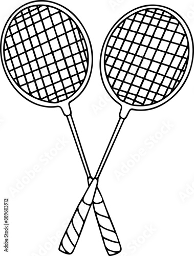 Badminton equipment. Hand drawn badminton Rackets isolated on white background. Black and white vector illustration. 