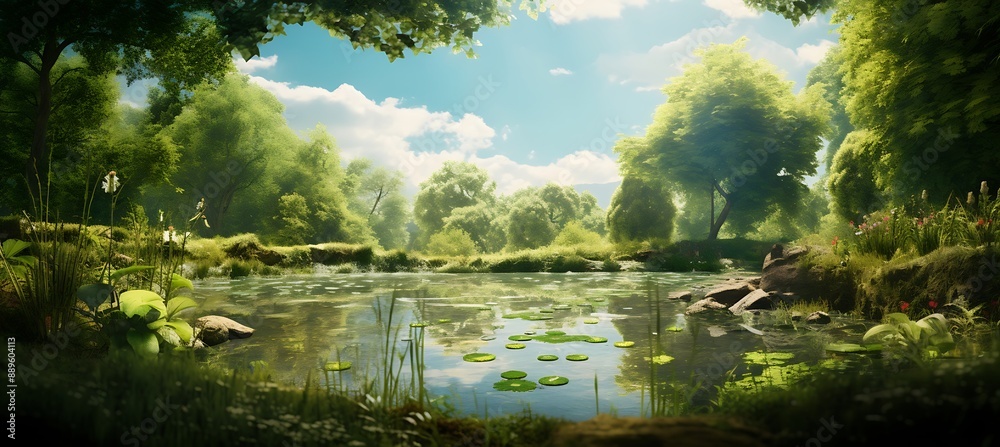 A Tranquil Woodland Pond Surrounded by Lush Greenery A Tranquil Woodland Pond Surrounded by Lush Greenery