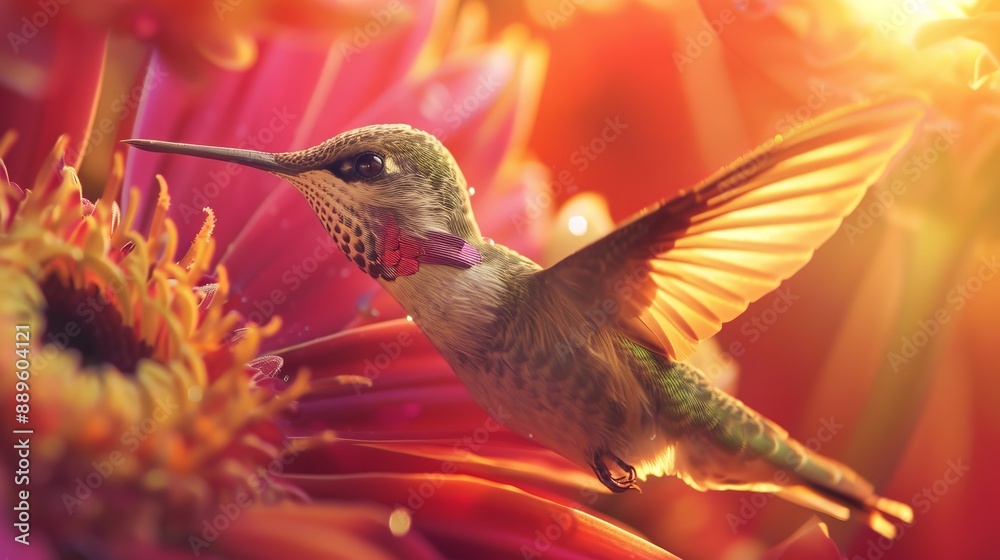 Fototapeta premium A vibrant and detailed image of a hummingbird hovering over a blooming flower, showcasing the exquisite beauty of nature's intricate designs and the delicate interplay of life.