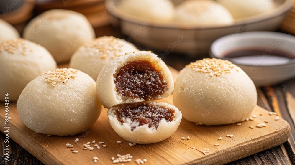 Manju filled with sweet red bean paste explodes, capturing the separation of soft dough and rich filling in a moment of delightful chaos Manju filled with sweet red bean paste explodes, capturing the separation of soft dough and rich filling in a moment of delightful chaos