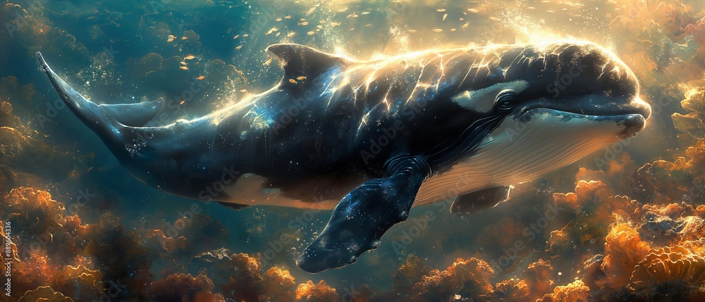 Killer Whale Swimming In The Sea. Illustration On The Theme Of The ...