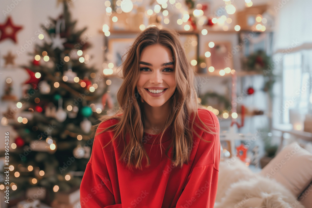 Woman smiling with a decorated Christmas tree and lights in the background. Holiday cheer, festive season, home decor, Christmas celebration, joy, winter holiday, family gatherings. Woman smiling with a decorated Christmas tree and lights in the background. Holiday cheer, festive season, home decor, Christmas celebration, joy, winter holiday, family gatherings.