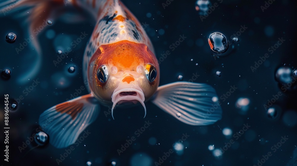 A vibrant Koi fish swimming gracefully in an aquarium filled with bubbles, set against a dark background, highlighting the beauty and serenity of aquatic life in perfect focus.