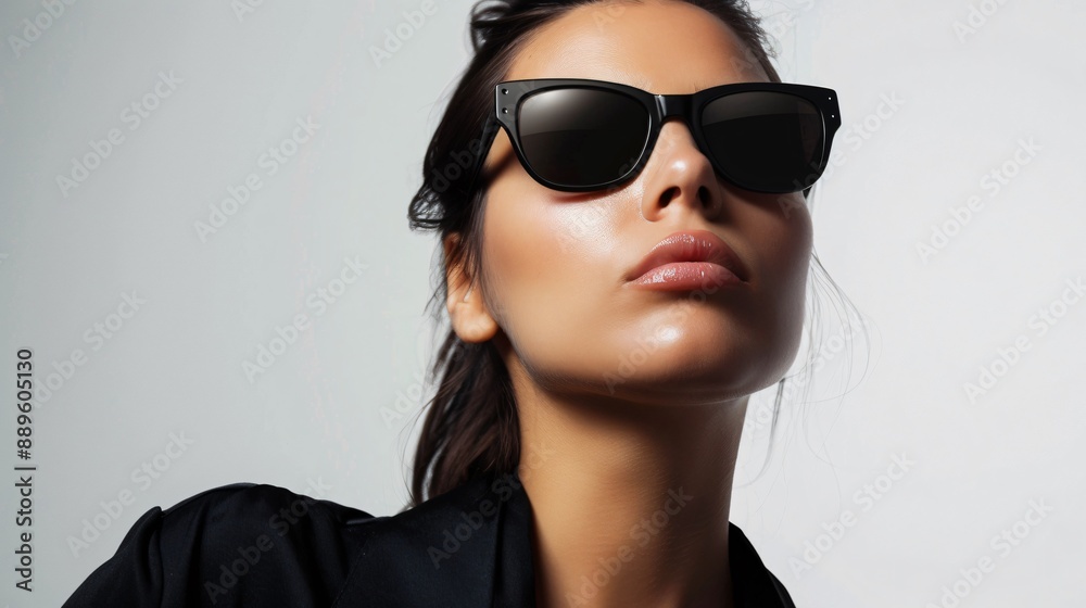 A minimalist portrait of a woman wearing sleek black sunglasses against a plain white background A minimalist portrait of a woman wearing sleek black sunglasses against a plain white background