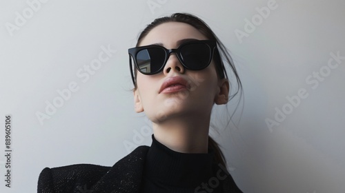 A minimalist portrait of a woman wearing sleek black sunglasses against a plain white background © fivan