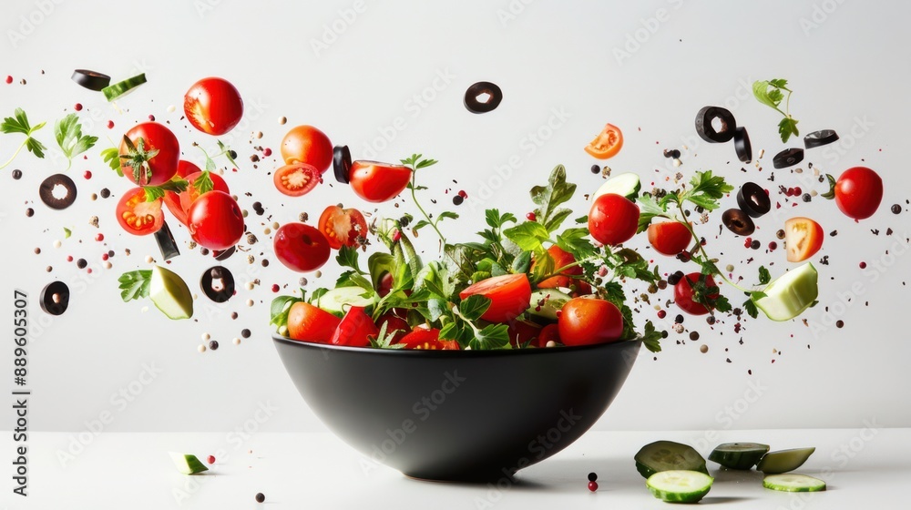 flying different vegetables with a black bowl on white background flying different vegetables with a black bowl on white background