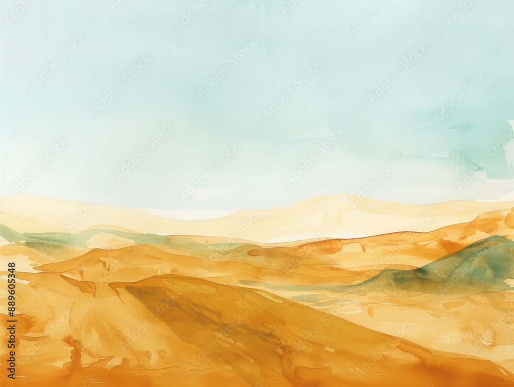 Naklejka premium A peaceful watercolor desert with rolling dunes and a vast empty sky for text
