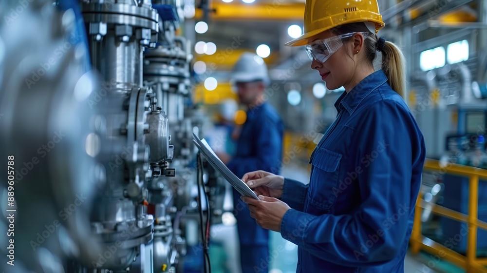 Female engineer in safety gear using tablet in industrial manufacturing facility. Engineering, industrial technology, quality control, manufacturing, production management, factory operations. Female engineer in safety gear using tablet in industrial manufacturing facility. Engineering, industrial technology, quality control, manufacturing, production management, factory operations.