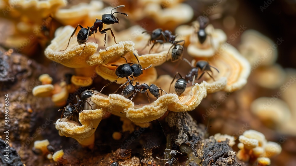 Several ants navigate the intricate surfaces of smaller mushroom caps on the forest floor, showcasing the complexities of their miniature world and natural interactions.
