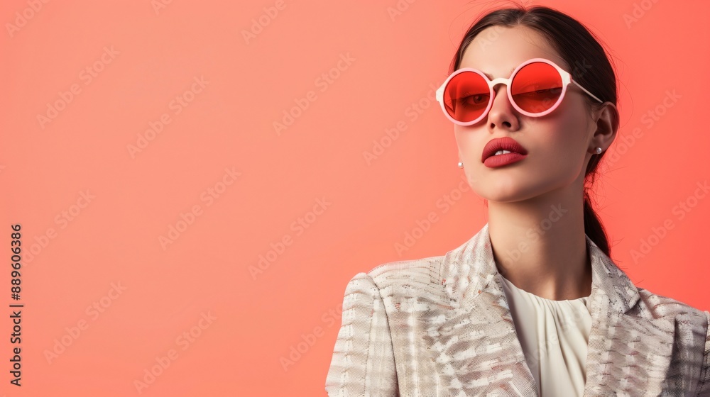A woman in stylish geometric sunglasses, a monochrome outfit, and a soft coral background A woman in stylish geometric sunglasses, a monochrome outfit, and a soft coral background