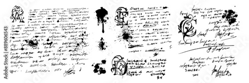 Handwriting text sketch notes, vector old vintage written background, ink dirty splash diary blots. Pen scribble abstract texture calligraphy document, retro grunge paper. Handwriting text sign