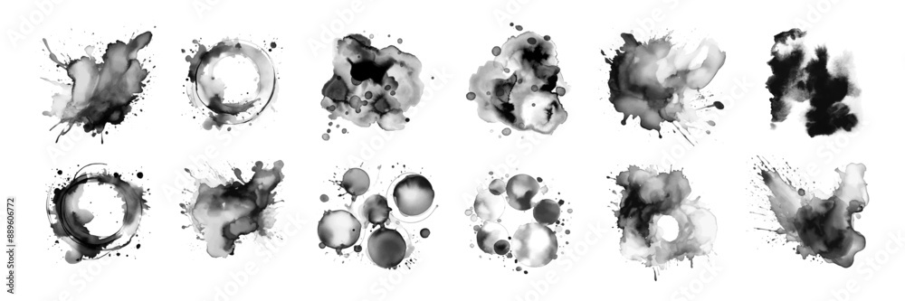 Black ink blob watercolor spot set, vector dark abstract grunge stain collection, dirty splash. Brushstroke painting liquid silhouette, grunge paper inkblot, spray dripped wet background. Ink blob