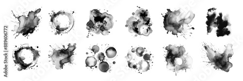 Black ink blob watercolor spot set, vector dark abstract grunge stain collection, dirty splash. Brushstroke painting liquid silhouette, grunge paper inkblot, spray dripped wet background. Ink blob