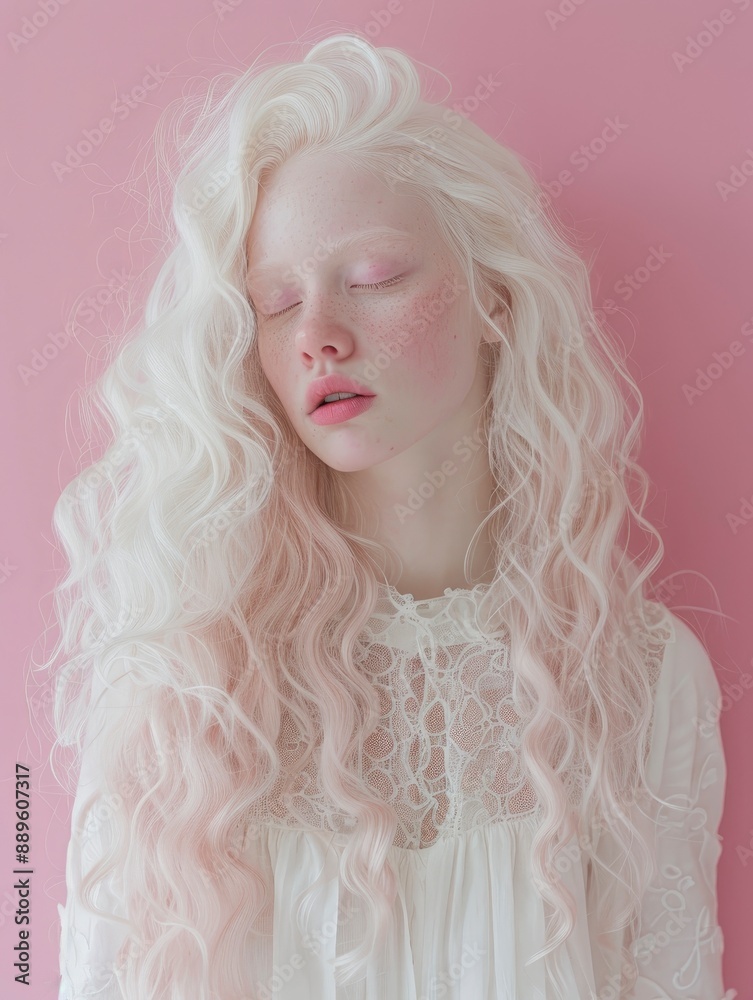 25 year old albino woman with gorgeous twisted curls, long hair coming down from shoulders, posing on pastel mono color solid background 25 year old albino woman with gorgeous twisted curls, long hair coming down from shoulders, posing on pastel mono color solid background