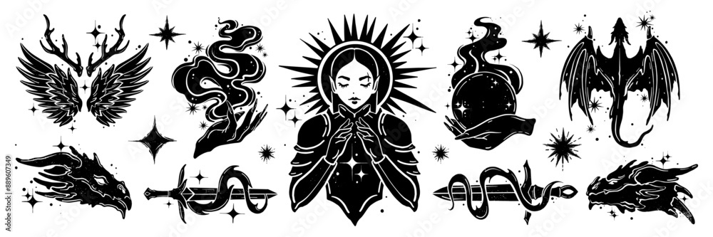 Fototapeta premium Fantasy linocut stamp set, fairy tale engraving vector dragon, magic female knight silhouette, spell. Mystic logotype collection, spiritual symbol, potion icon wizard sword. Witchcraft fantasy linocut