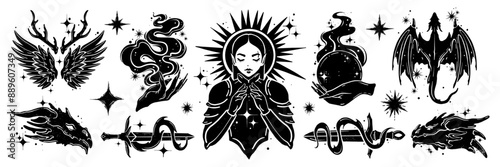 Fantasy linocut stamp set, fairy tale engraving vector dragon, magic female knight silhouette, spell. Mystic logotype collection, spiritual symbol, potion icon wizard sword. Witchcraft fantasy linocut