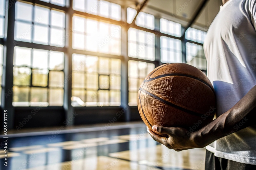 A black basketball player holds a basketball ball against the background of a basketball court. Hands and ball close-up. A black basketball player holds a basketball ball against the background of a basketball court. Hands and ball close-up.