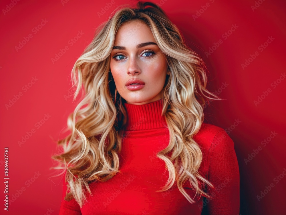 Fototapeta premium 25 year old blonde woman with gorgeous twisted curls, long hair coming down from shoulders, posing on vibrant solid background